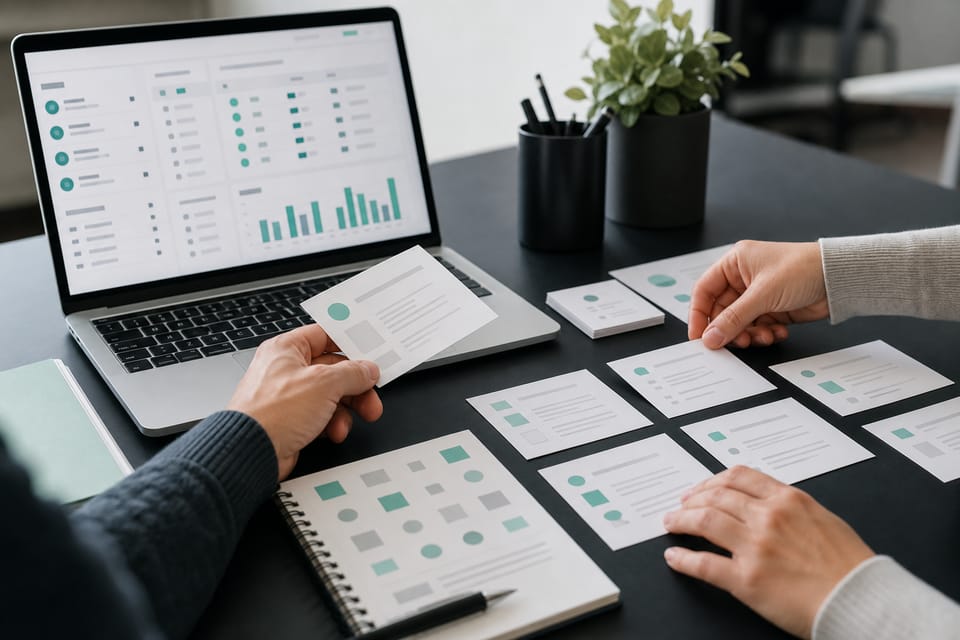 Manos organizando fichas de talento sin información identificable