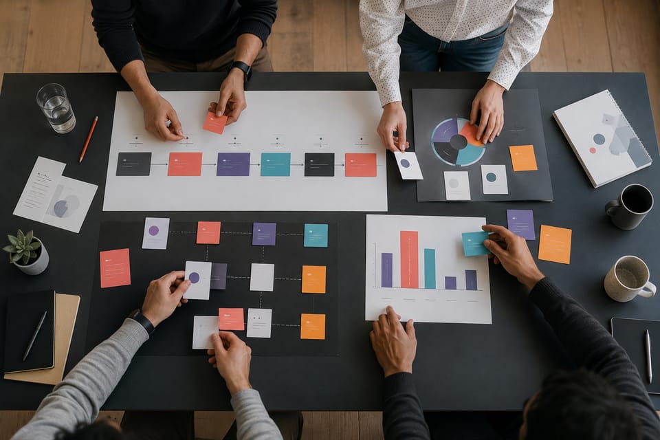 Taller de equipo visto desde arriba con tarjetas y datos abstractos